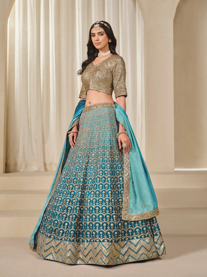 Shaded Blue Chinon Silk Embroidery Work Lehenga Choli