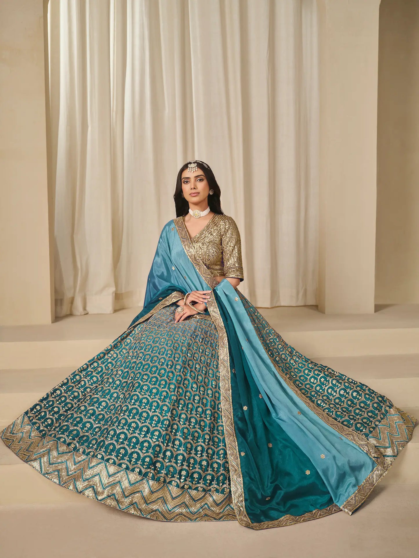 Shaded Blue Chinon Silk Embroidery Work Lehenga Choli