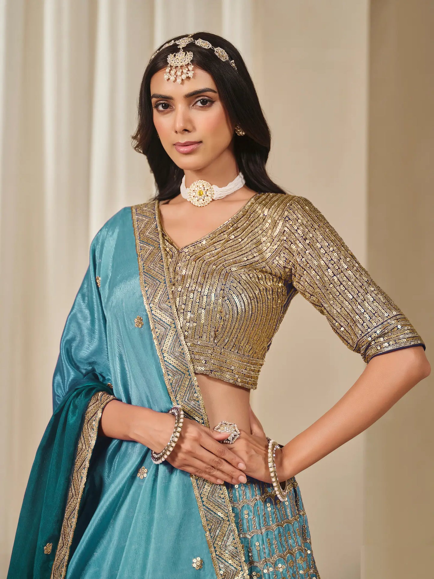 Shaded Blue Chinon Silk Embroidery Work Lehenga Choli