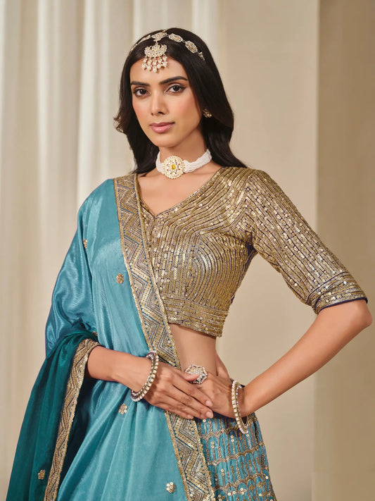 Shaded Blue Chinon Silk Embroidery Work Lehenga Choli