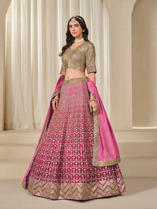 Shaded Pink Chinon Silk Embroidery Work Lehenga Choli