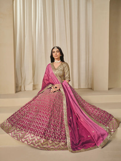 Shaded Pink Chinon Silk Embroidery Work Lehenga Choli