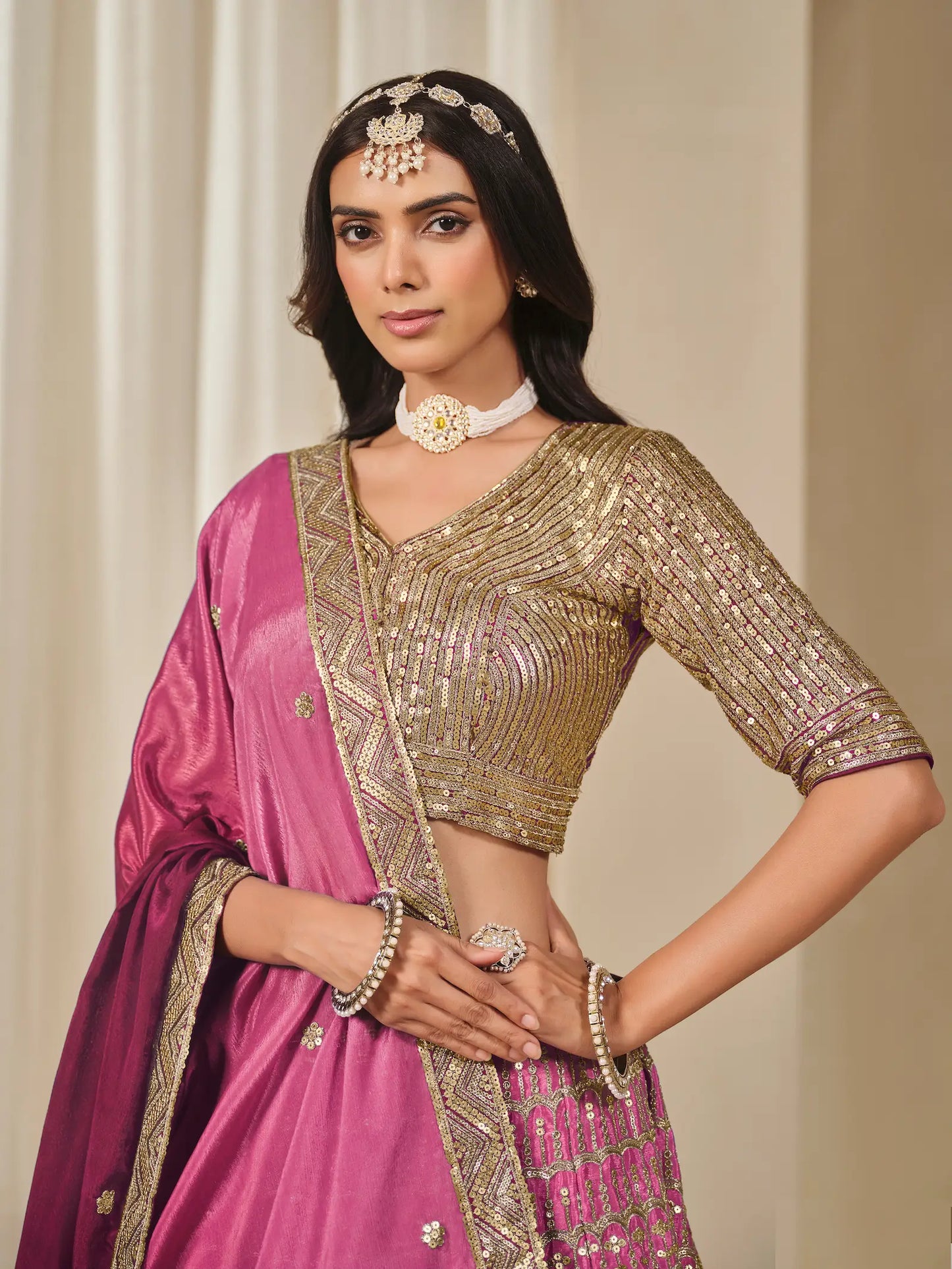 Shaded Pink Chinon Silk Embroidery Work Lehenga Choli
