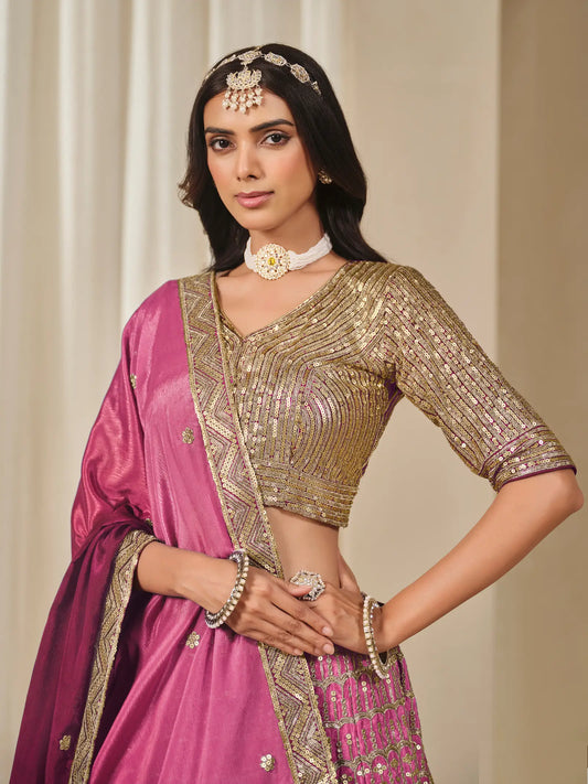 Shaded Pink Chinon Silk Embroidery Work Lehenga Choli