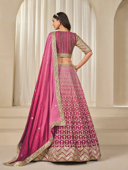 Shaded Pink Chinon Silk Embroidery Work Lehenga Choli