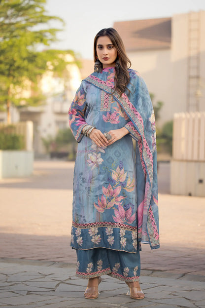Sky Blue Chinon Handwork & Printed Salwar Suit