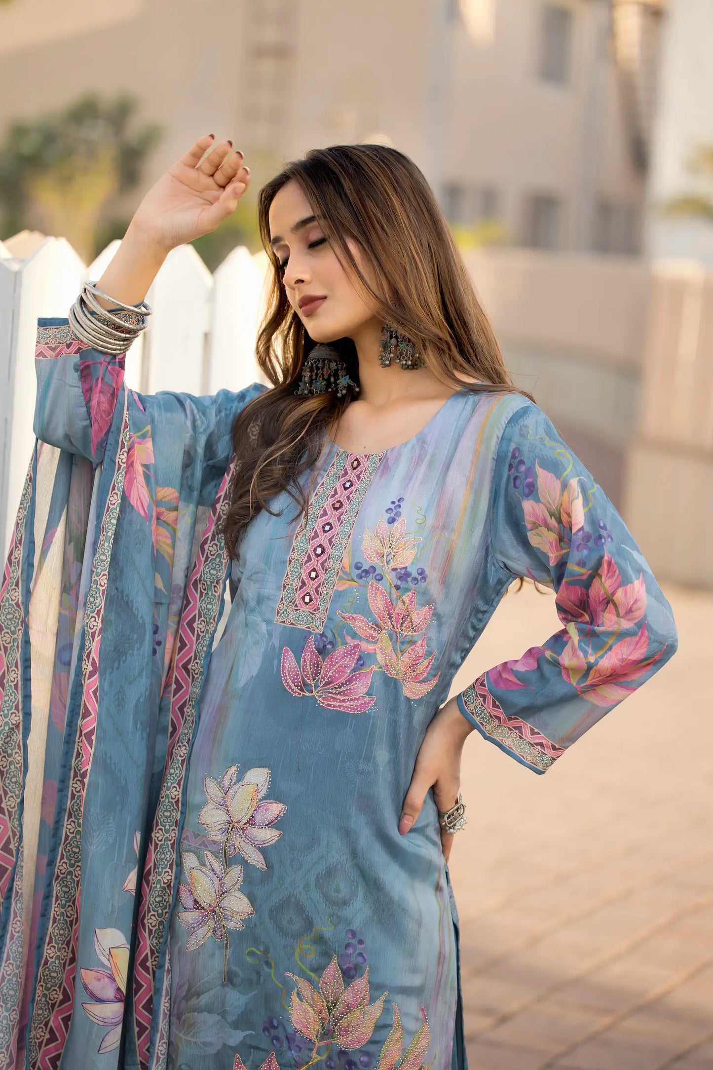 Sky Blue Chinon Handwork & Printed Salwar Suit