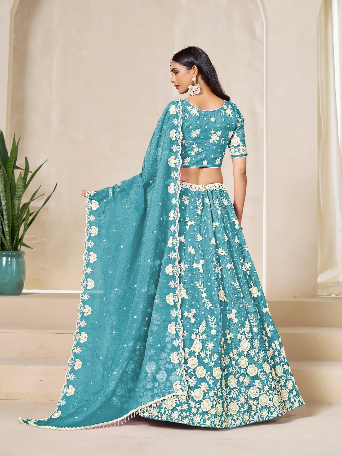 Sea Blue Gold Crush Embroidery Lehenga Choli