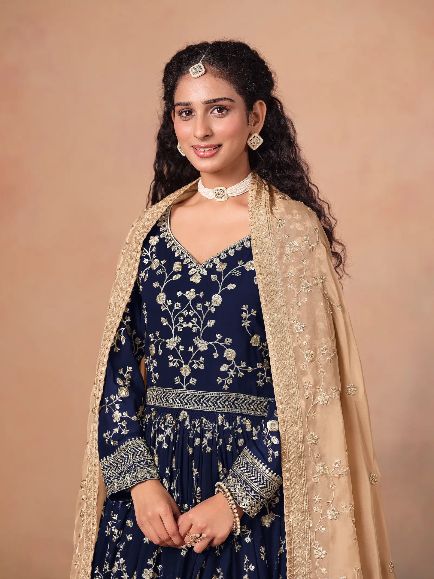 Navy Blue Georgette Embroidery Gown With Organza Dupatta