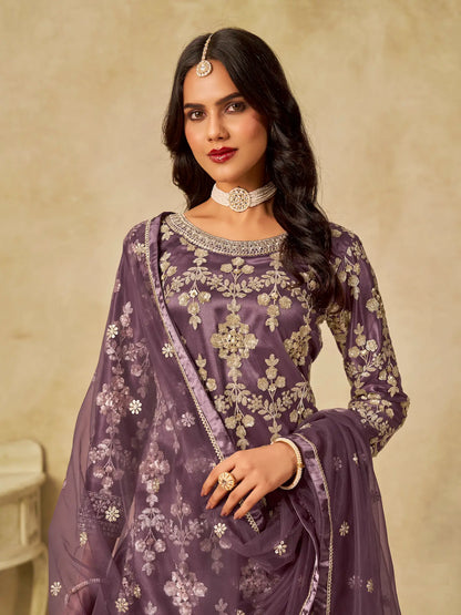 Dull Purple Net Palazzo Suit With Sequins Embroidery