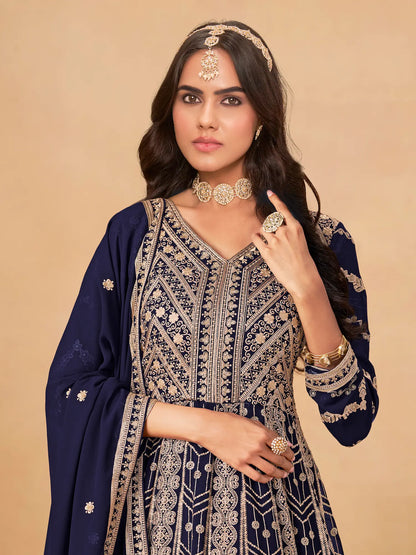 Navy Blue Georgette Embroidery Work Gown