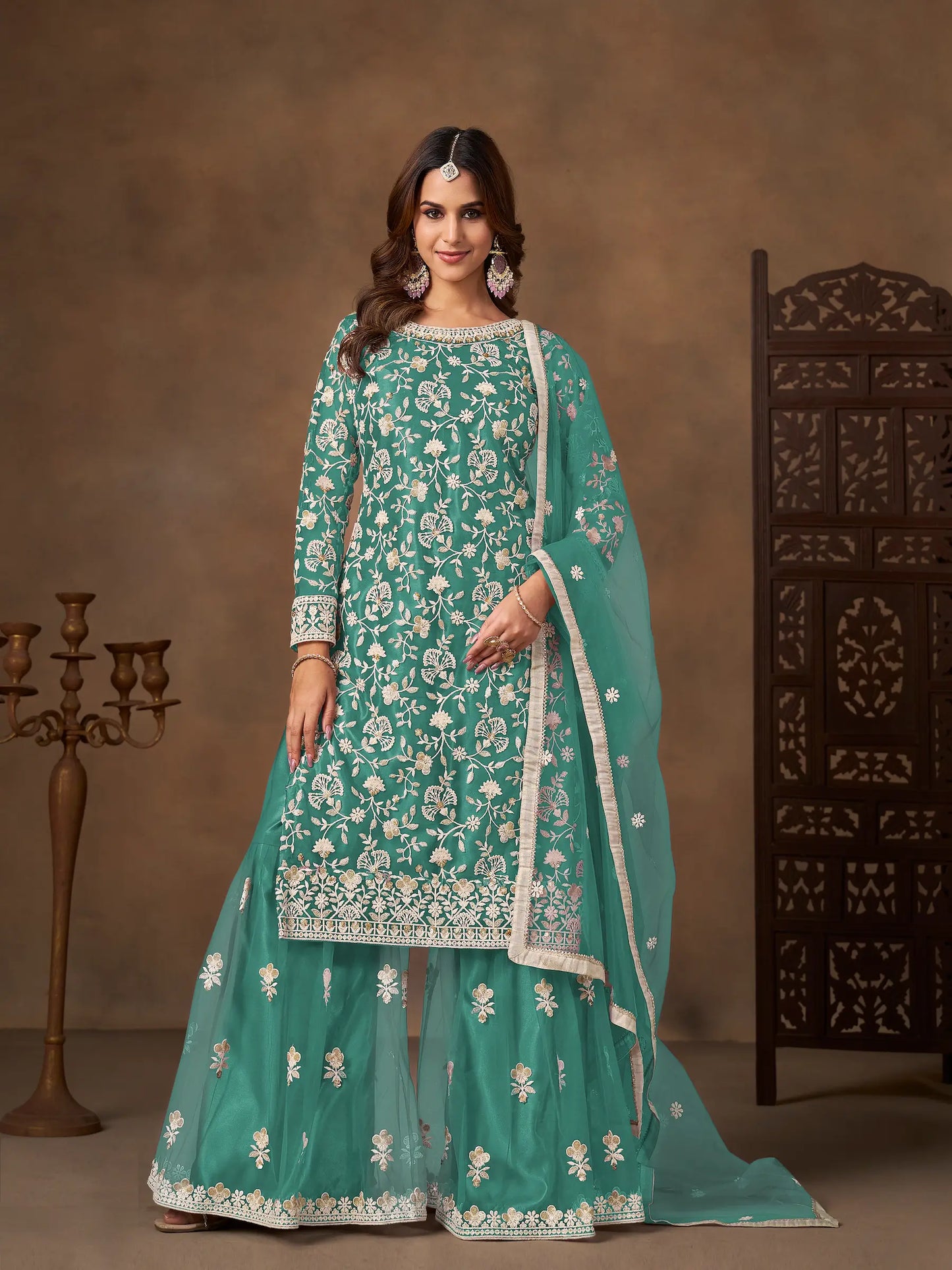 Dusty Teal Net Embroidery Palazzo Suit