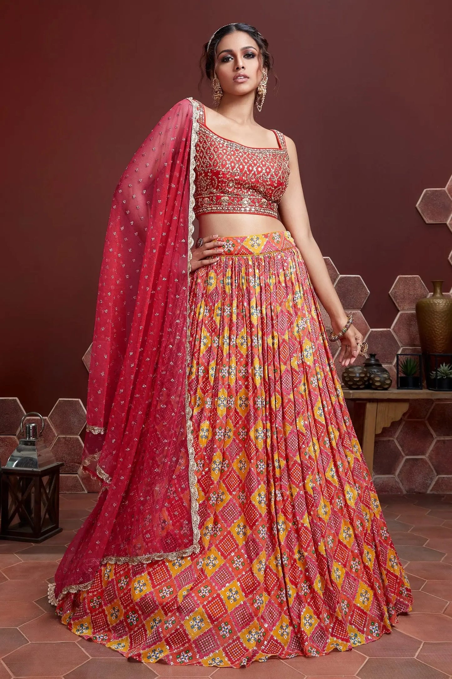 Red Yellow Lehenga With Digital Position Print And Heavy Embroidery With Real Mirror Work