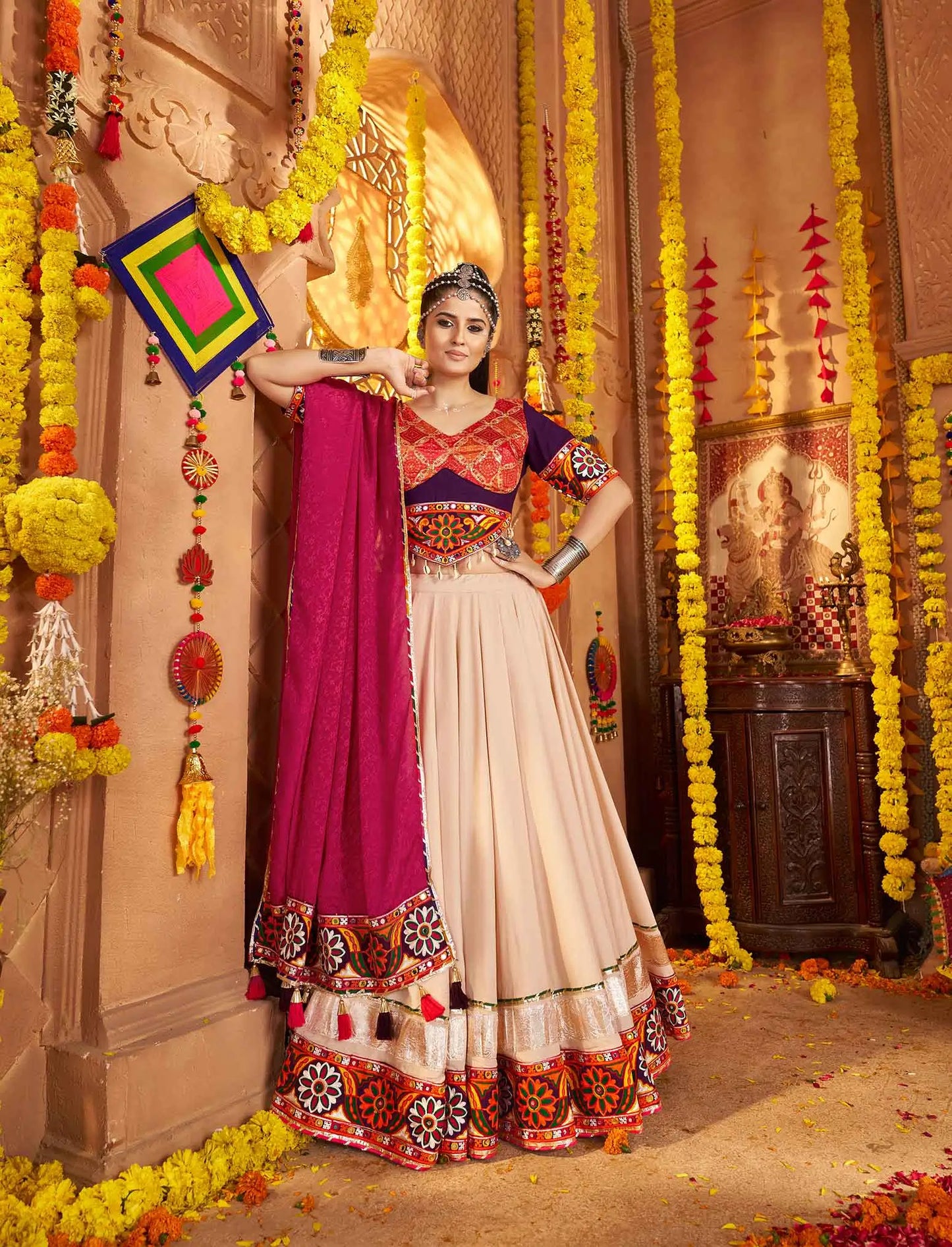 Beautiful Beige Embroidery With Mirror Work Navratri Lehenga Choli