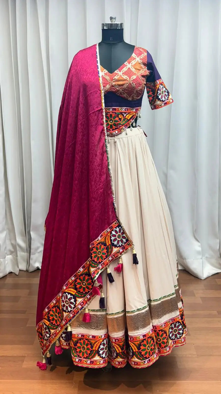 Beautiful Beige Embroidery With Mirror Work Navratri Lehenga Choli