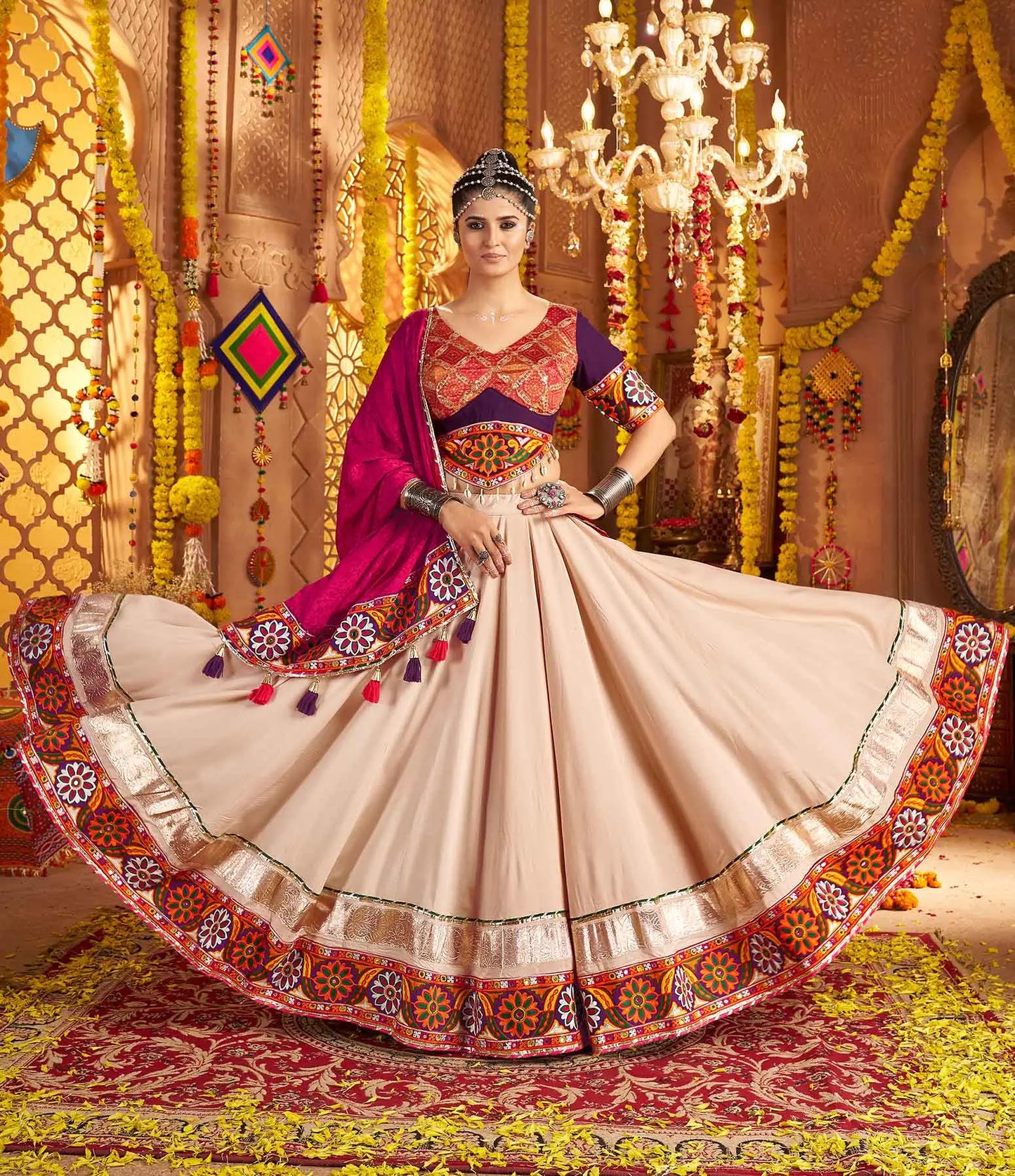 Beautiful Beige Embroidery With Mirror Work Navratri Lehenga Choli