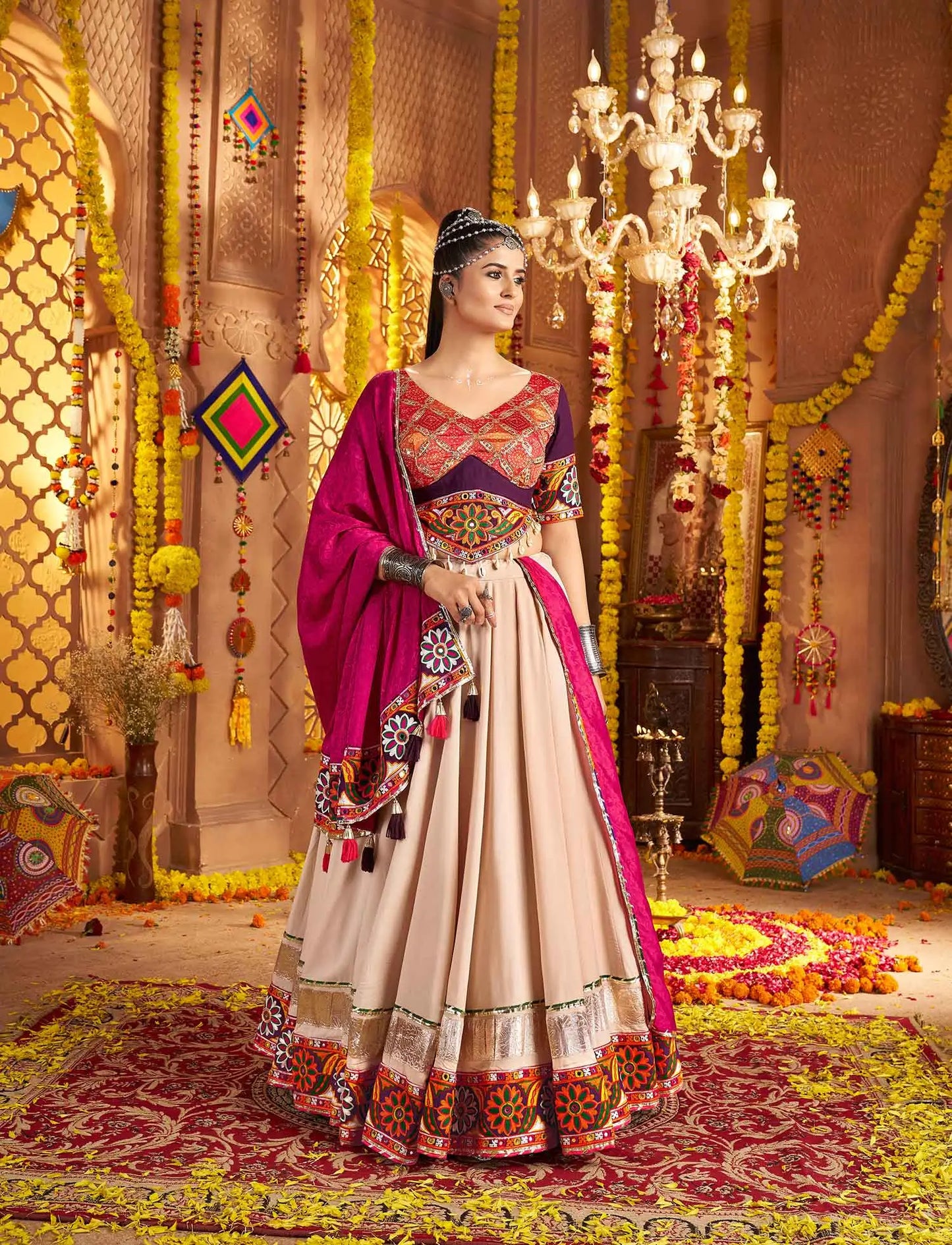 Beautiful Beige Embroidery With Mirror Work Navratri Lehenga Choli