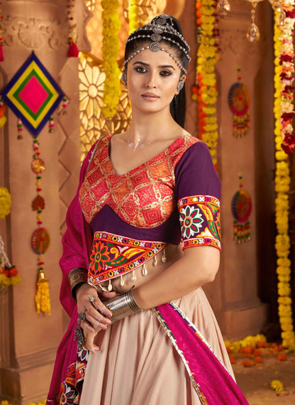 Beautiful Beige Embroidery With Mirror Work Navratri Lehenga Choli