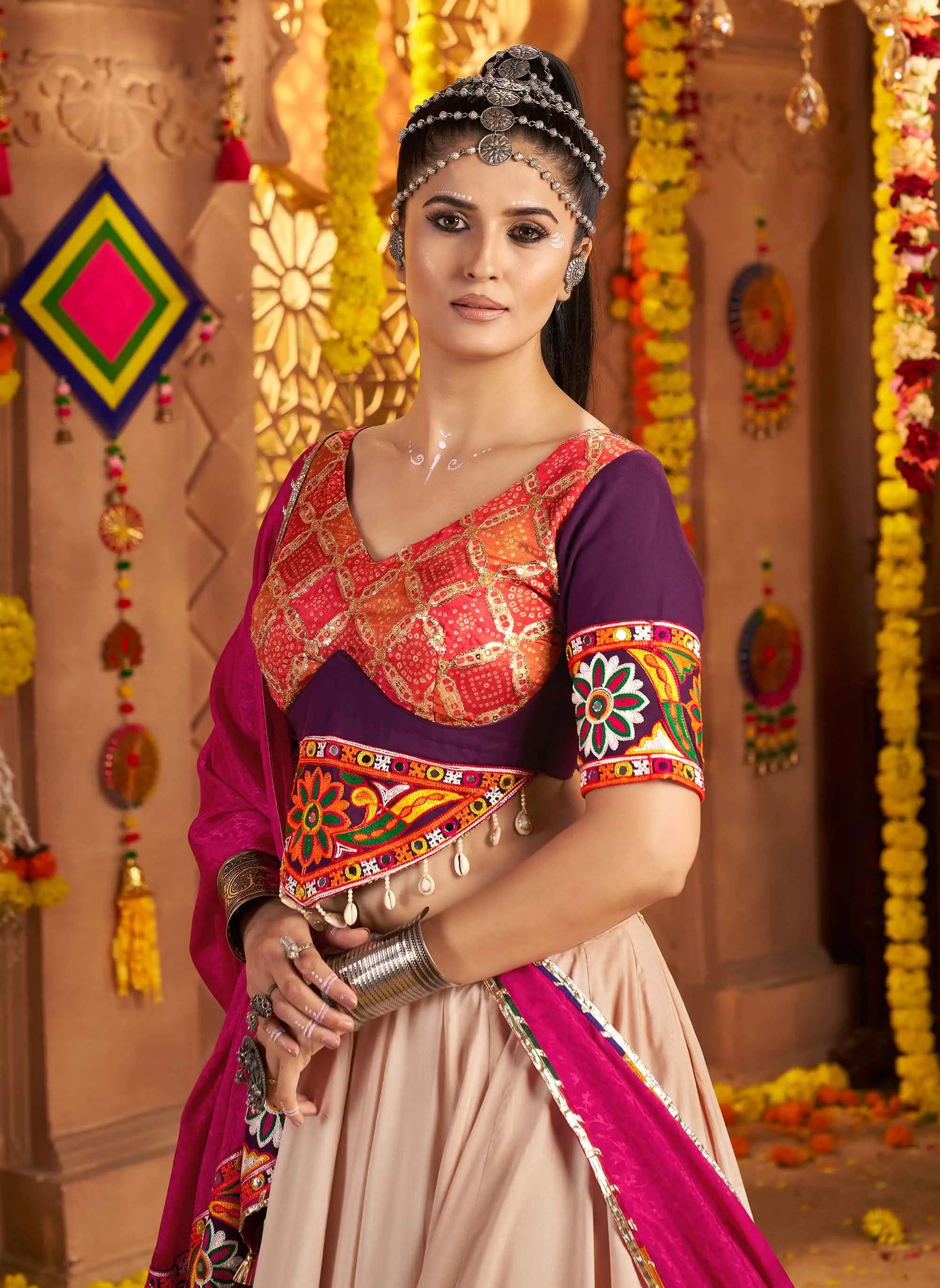 Beautiful Beige Embroidery With Mirror Work Navratri Lehenga Choli