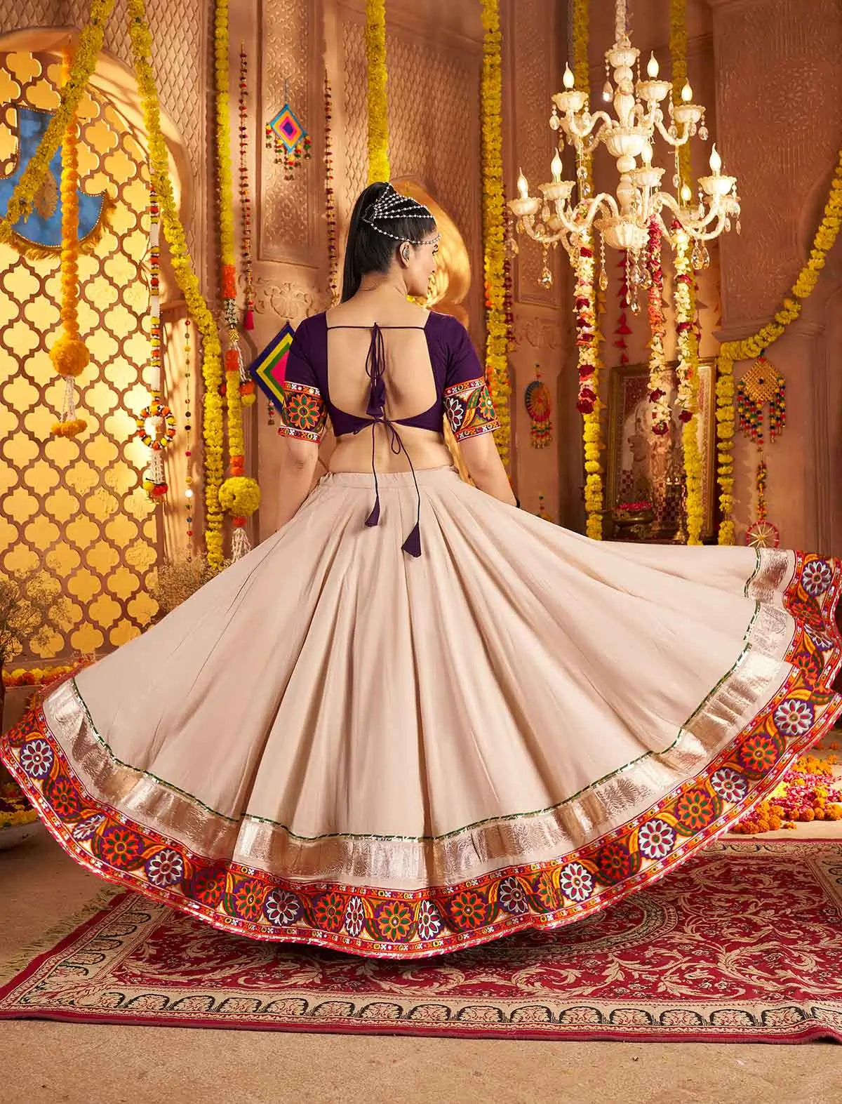 Beautiful Beige Embroidery With Mirror Work Navratri Lehenga Choli