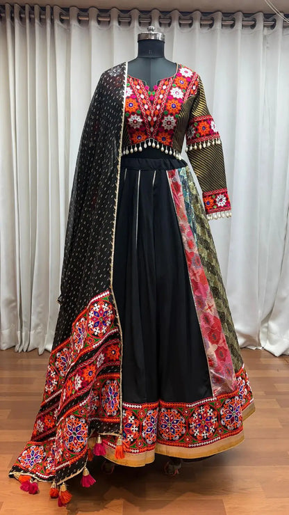 Designer Black Navratri Lehenga Choli With Embroidery And Mirror Work