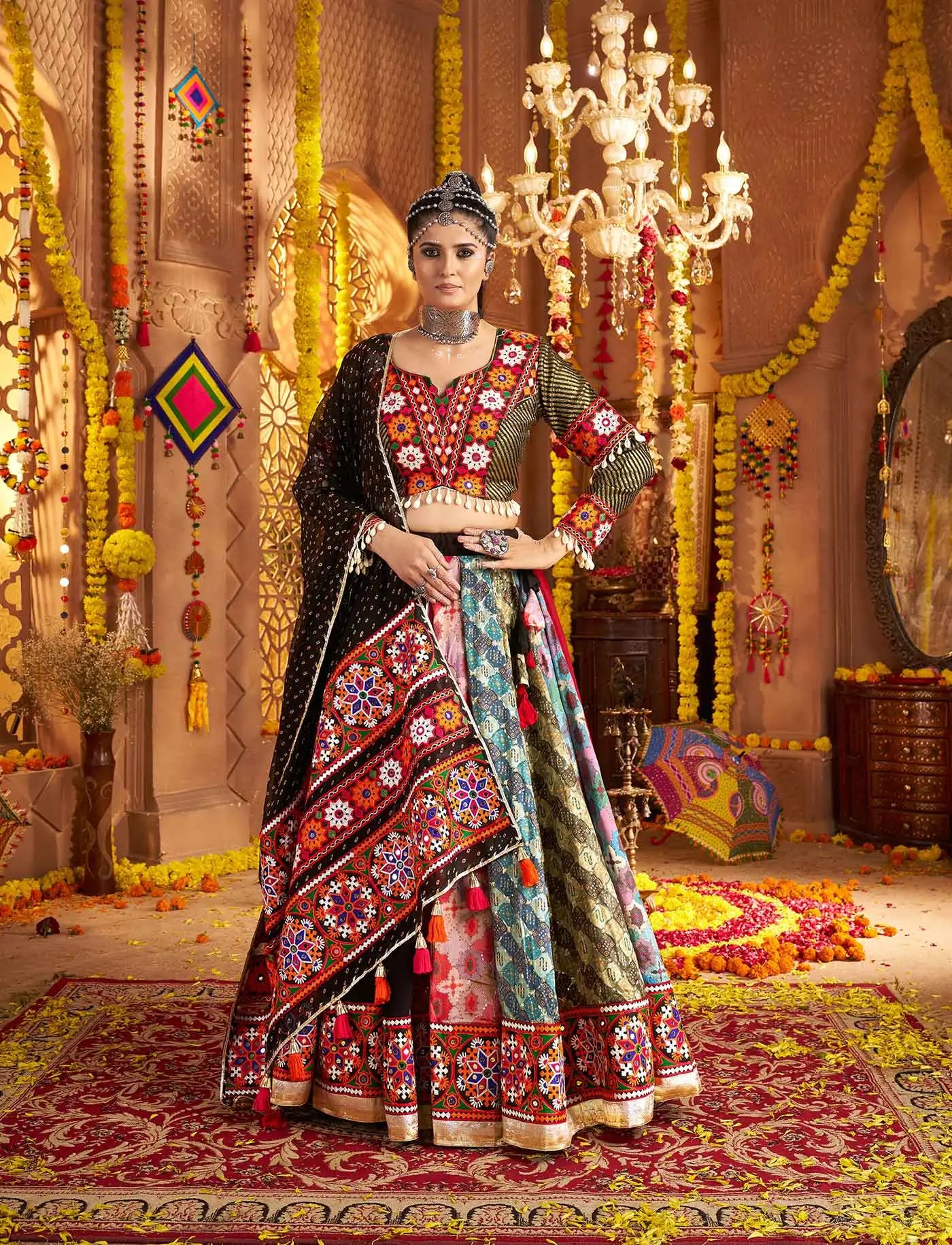 Designer Black Navratri Lehenga Choli With Embroidery And Mirror Work