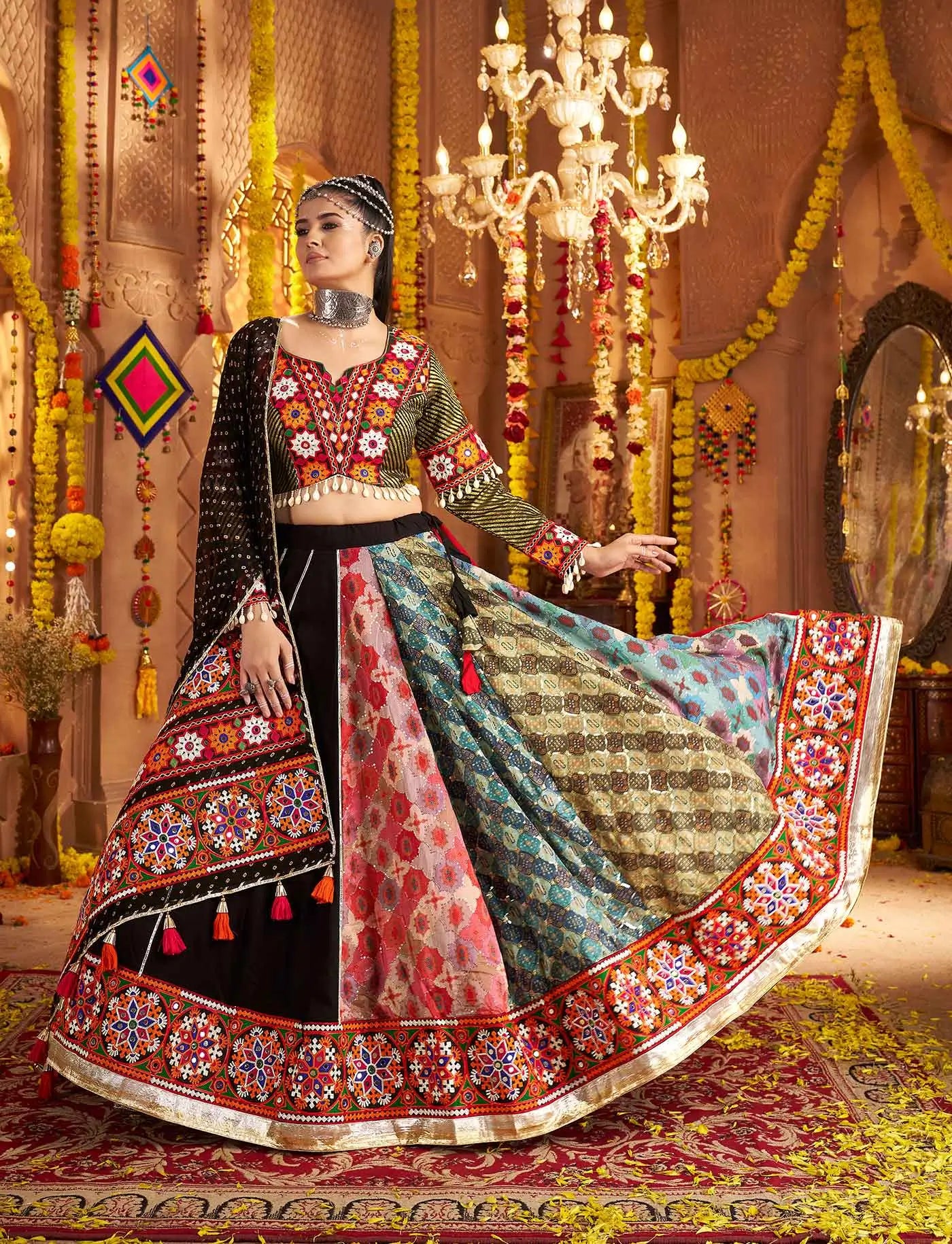 Designer Black Navratri Lehenga Choli With Embroidery And Mirror Work
