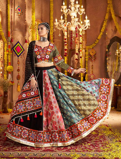 Designer Black Navratri Lehenga Choli With Embroidery And Mirror Work