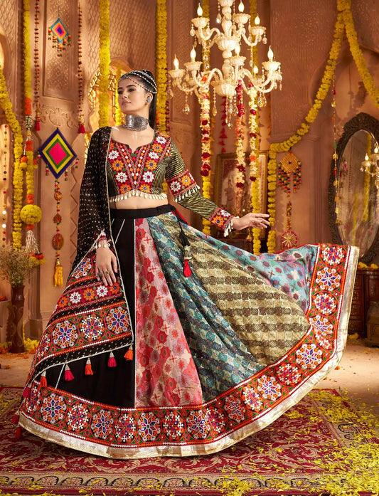 Designer Black Navratri Lehenga Choli With Embroidery And Mirror Work