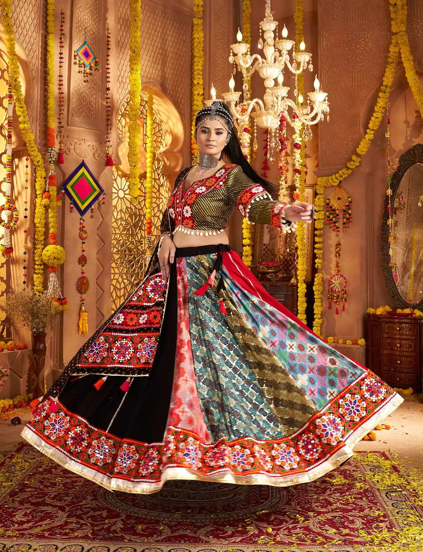Designer Black Navratri Lehenga Choli With Embroidery And Mirror Work