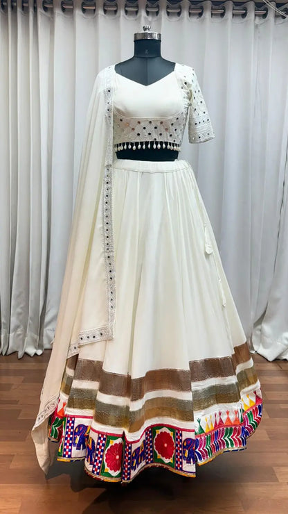 Wonderful White Embroidery With Mirror Work Navratri Lehenga Choli