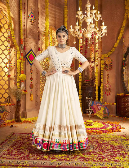 Wonderful White Embroidery With Mirror Work Navratri Lehenga Choli