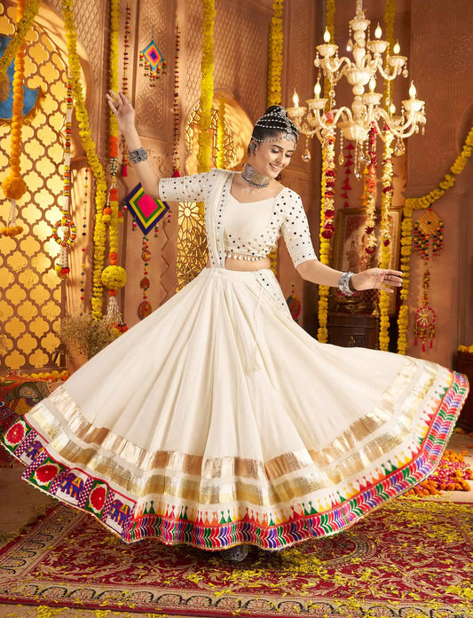 Wonderful White Embroidery With Mirror Work Navratri Lehenga Choli