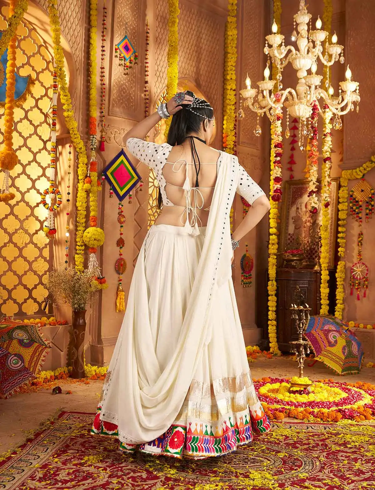 Wonderful White Embroidery With Mirror Work Navratri Lehenga Choli