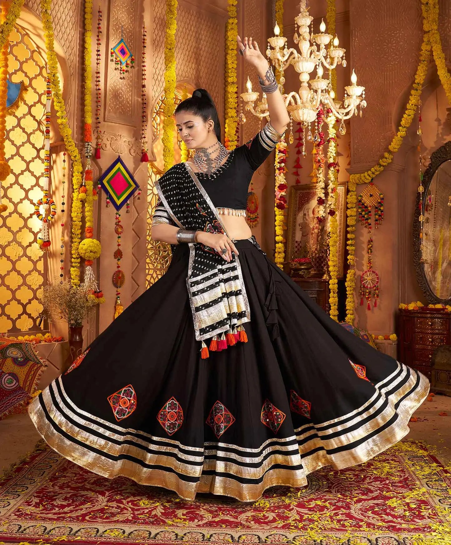 Best In Black Embroidery With Mirror Work Rayon Navratri Lehenga Choli