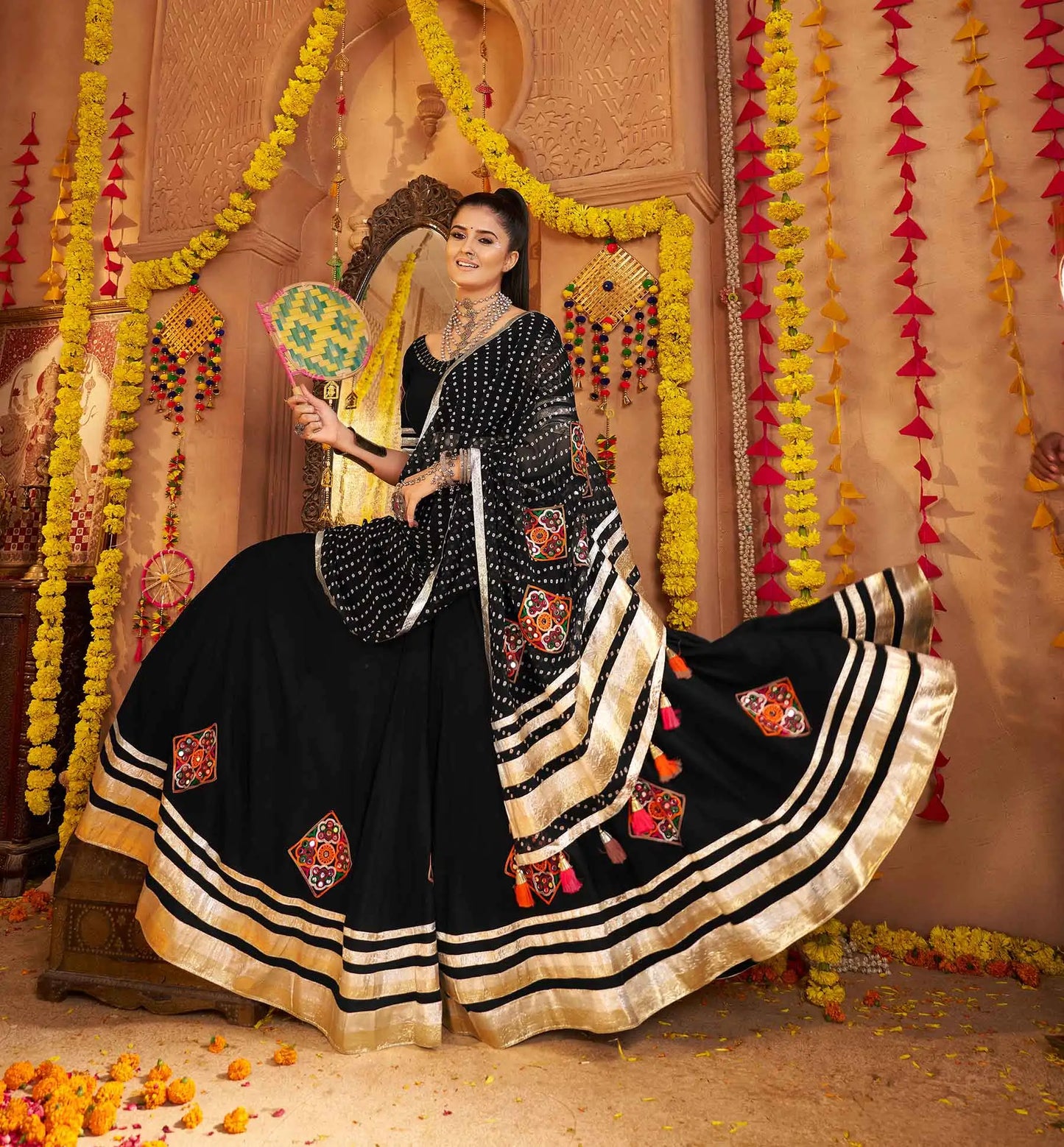 Best In Black Embroidery With Mirror Work Rayon Navratri Lehenga Choli