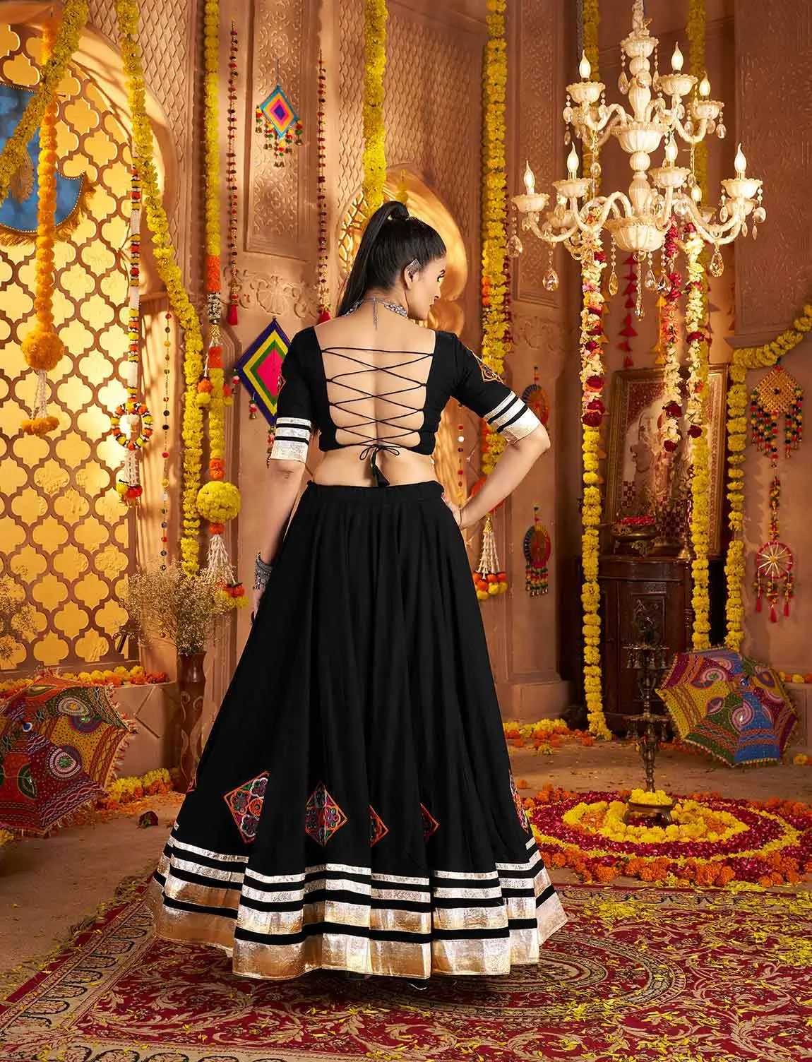 Best In Black Embroidery With Mirror Work Rayon Navratri Lehenga Choli