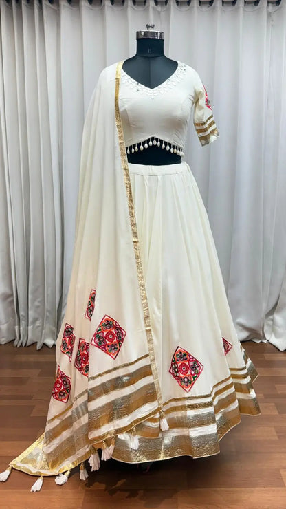 Designer White Embroidery With Mirror Work Rayon Navratri Lehenga Choli