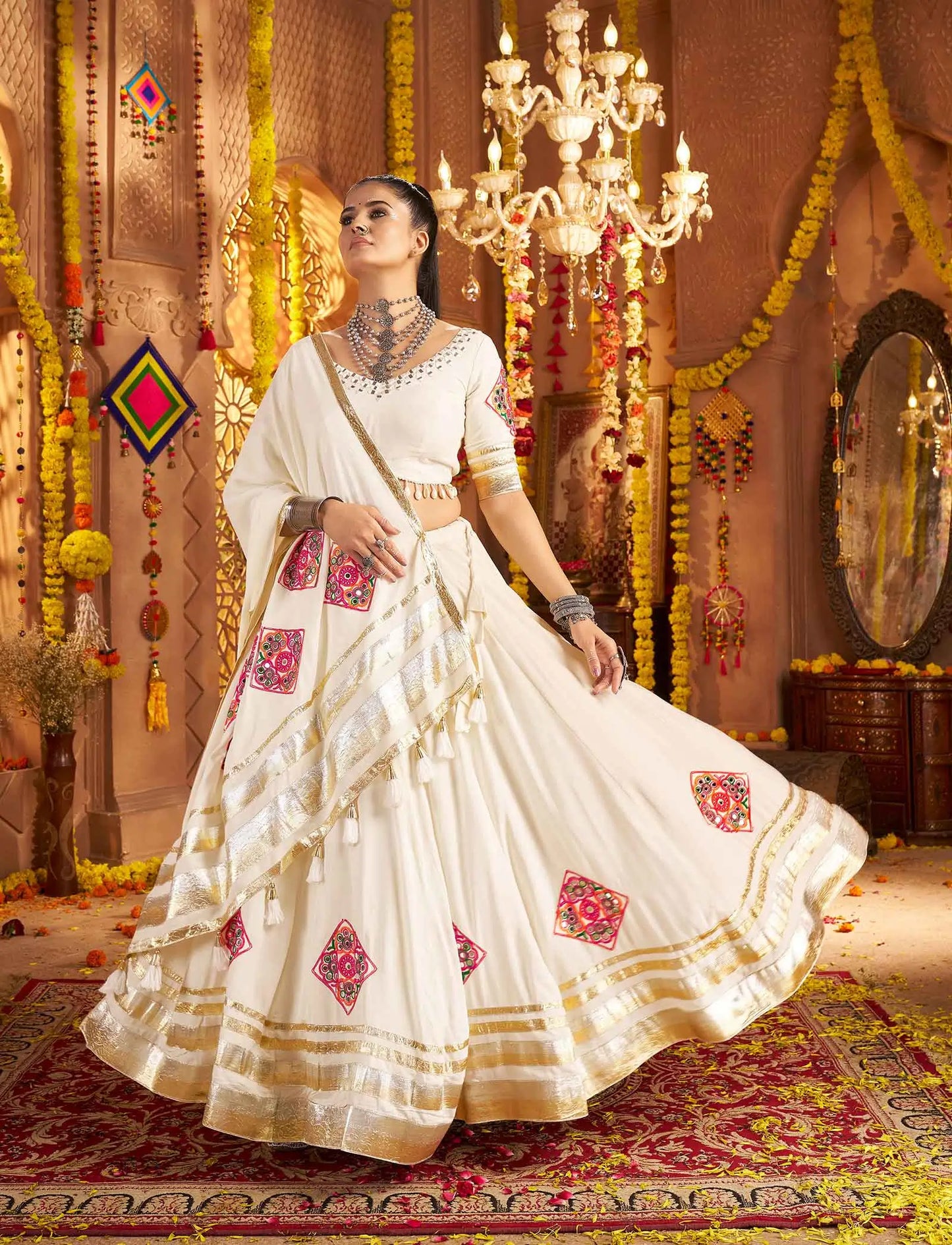 Designer White Embroidery With Mirror Work Rayon Navratri Lehenga Choli
