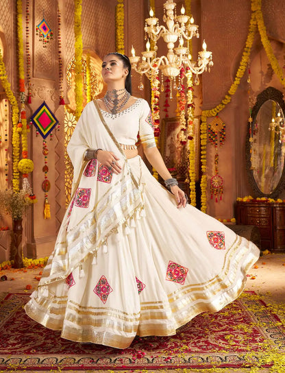 Designer White Embroidery With Mirror Work Rayon Navratri Lehenga Choli