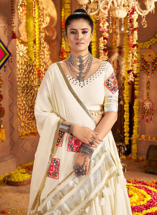 Designer White Embroidery With Mirror Work Rayon Navratri Lehenga Choli