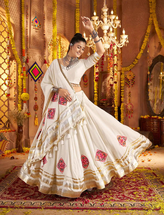 Designer White Embroidery With Mirror Work Rayon Navratri Lehenga Choli
