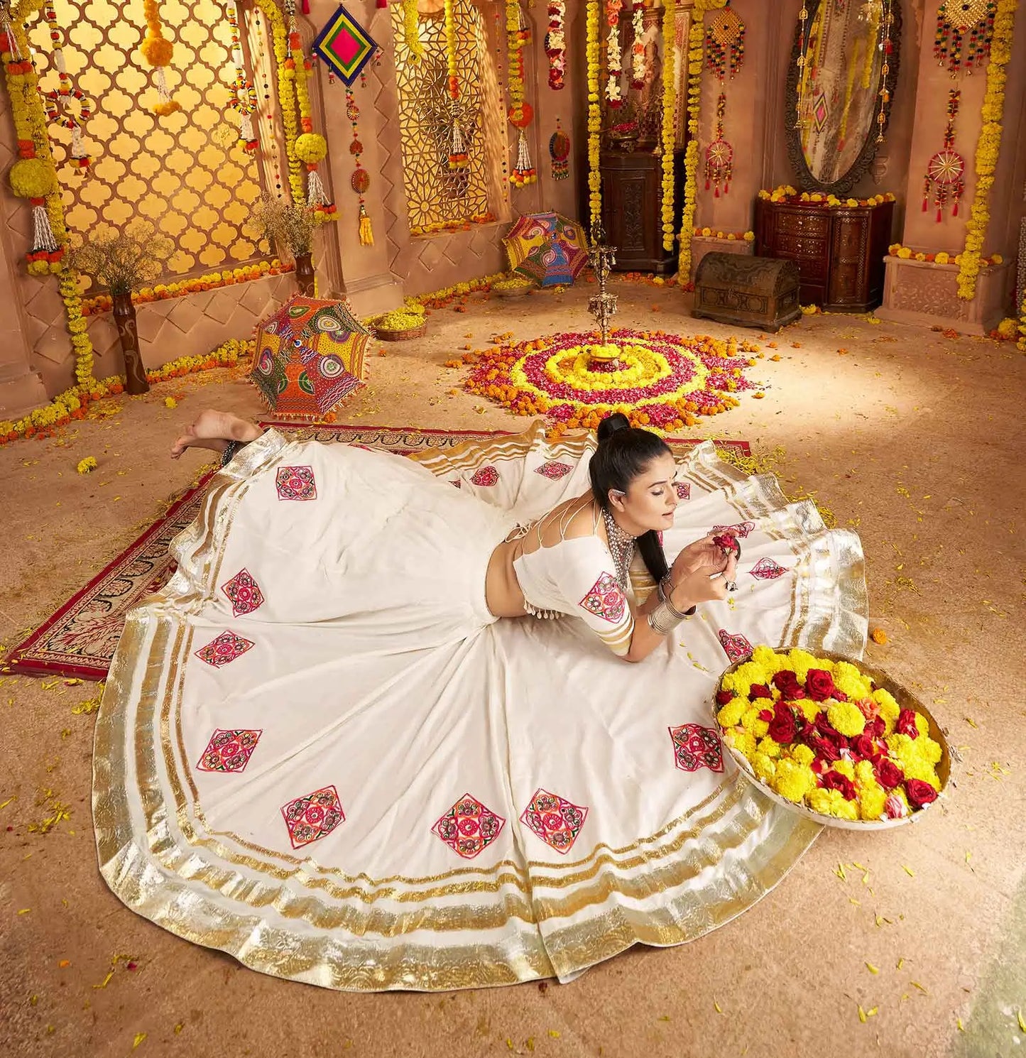 Designer White Embroidery With Mirror Work Rayon Navratri Lehenga Choli