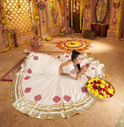 Designer White Embroidery With Mirror Work Rayon Navratri Lehenga Choli