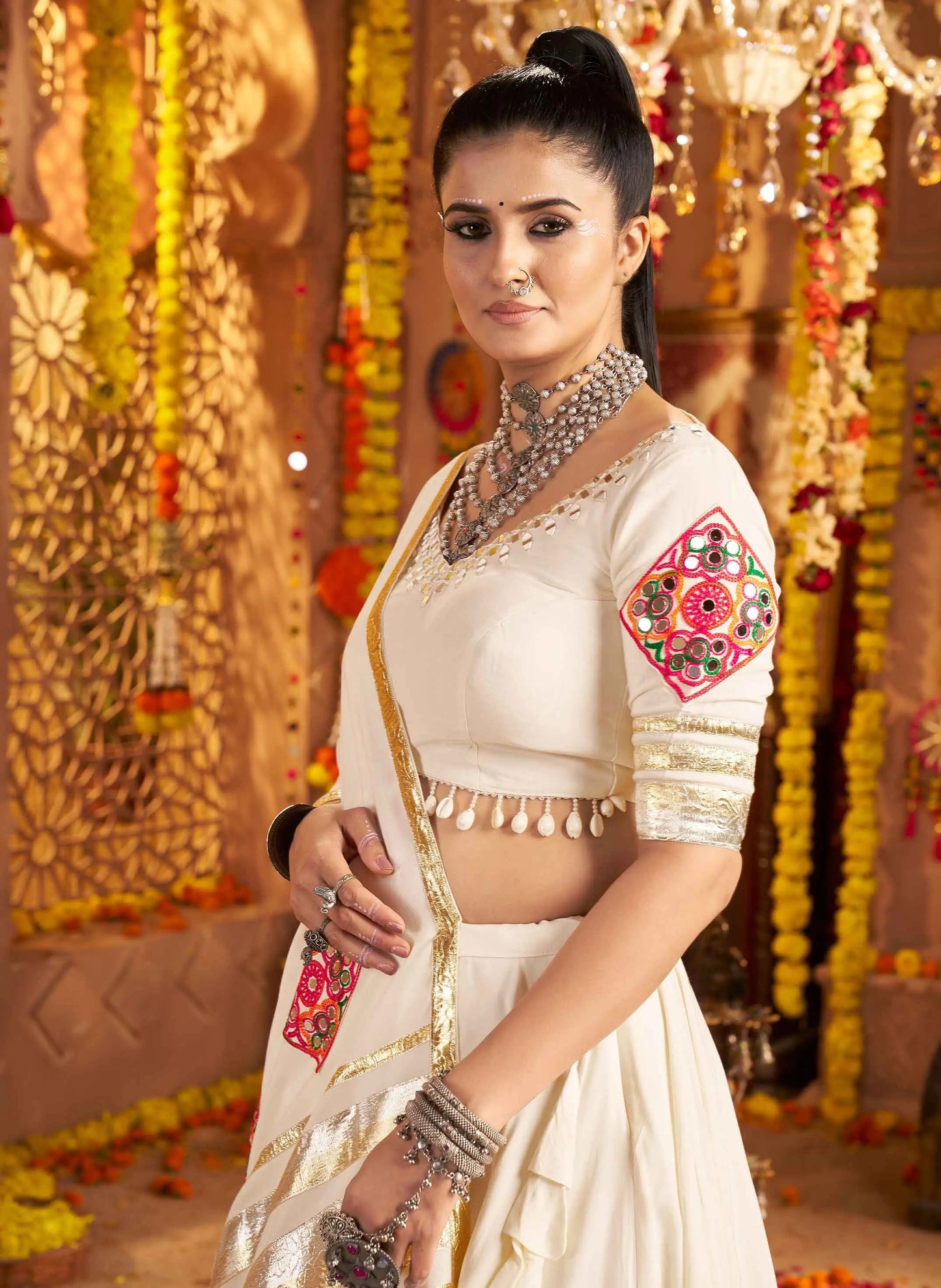 Designer White Embroidery With Mirror Work Rayon Navratri Lehenga Choli
