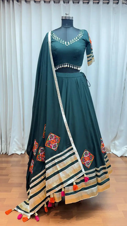 Dark Green Embroidery With Mirror Work Rayon Navratri Lehenga Choli