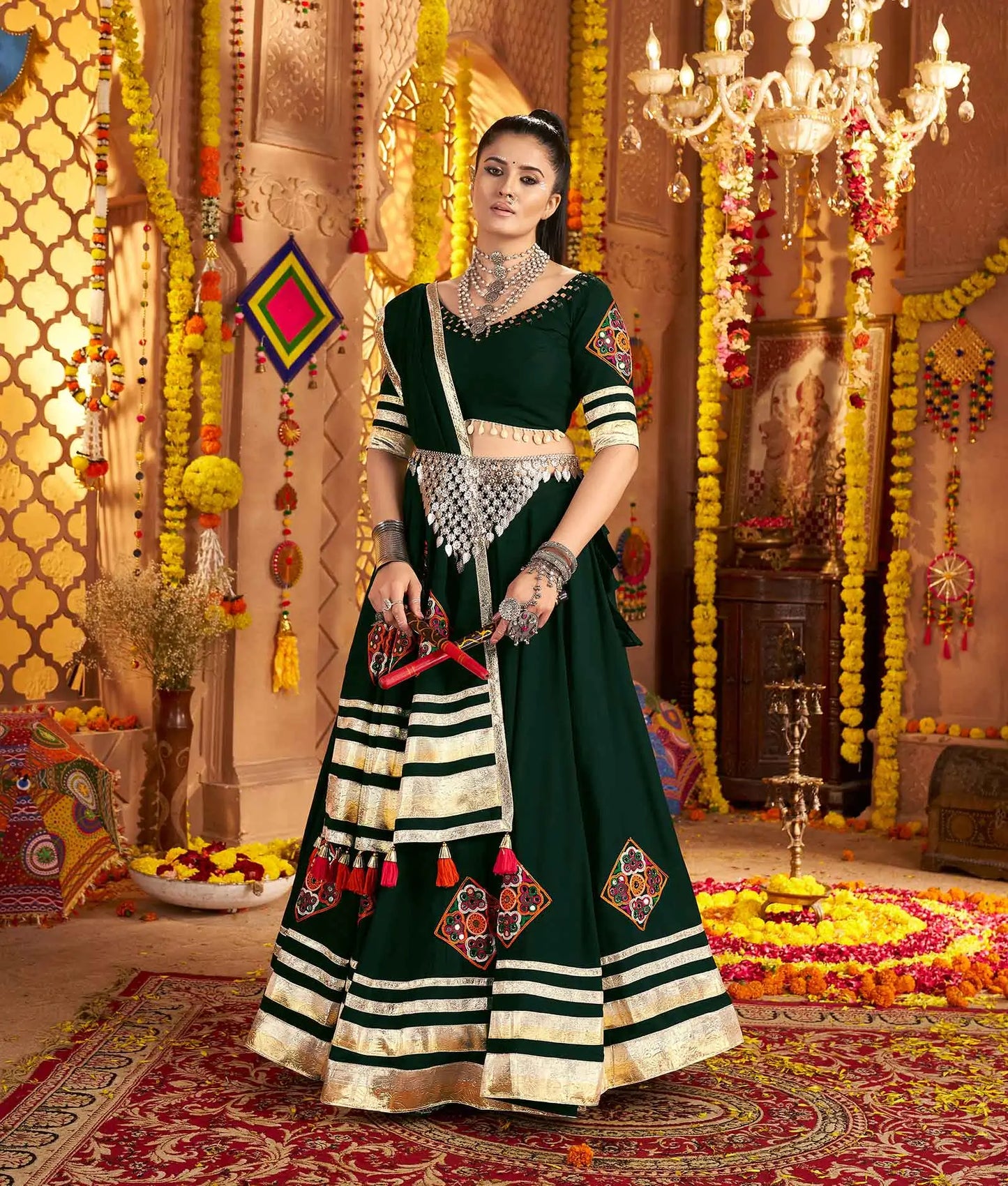 Dark Green Embroidery With Mirror Work Rayon Navratri Lehenga Choli