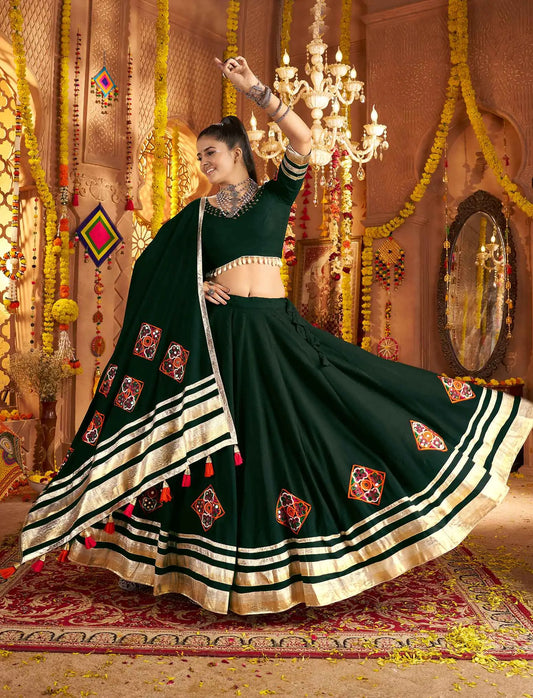 Dark Green Embroidery With Mirror Work Rayon Navratri Lehenga Choli