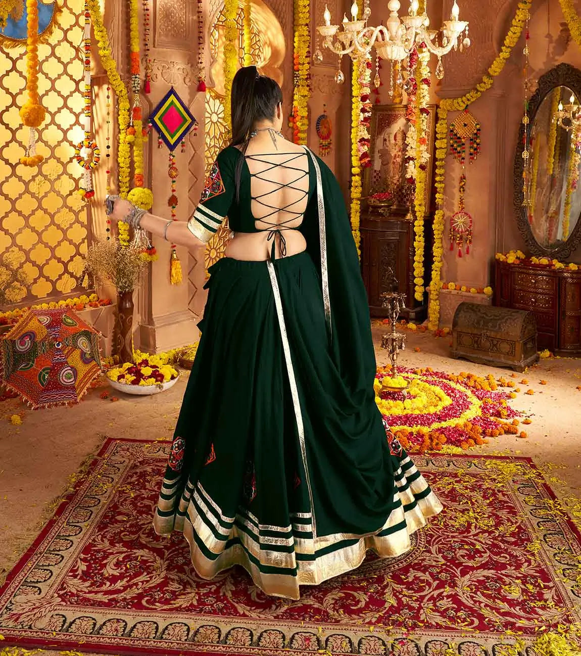 Dark Green Embroidery With Mirror Work Rayon Navratri Lehenga Choli