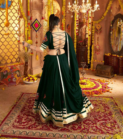 Dark Green Embroidery With Mirror Work Rayon Navratri Lehenga Choli